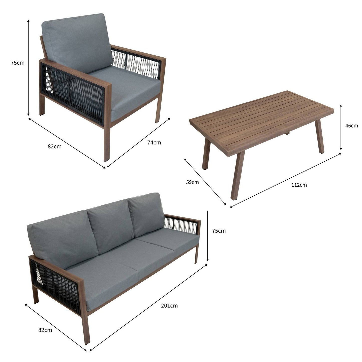 Aluminium 4 Piece Sofa Set with Black Rattan Storage Box - Wood Effect