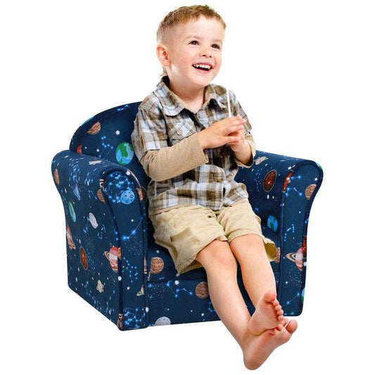 Kids Planet Themed Armchair With Non Slip Feet Wooden Frame Blue