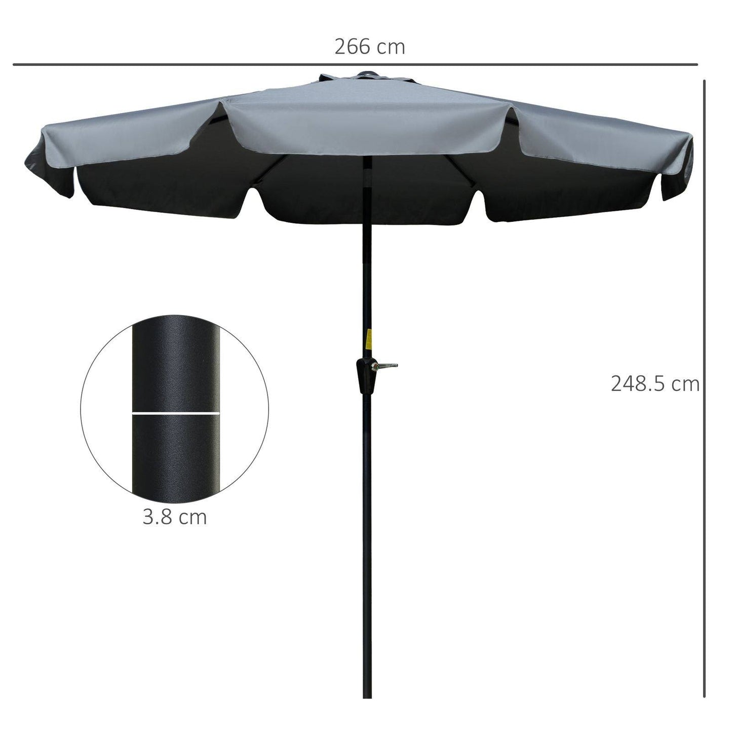 Outsunny 2.66M Patio Umbrella Garden Parasol Outdoor Sun Shade Table Umbrella With Ruffles 8 Sturdy Ribs Charcoal Grey