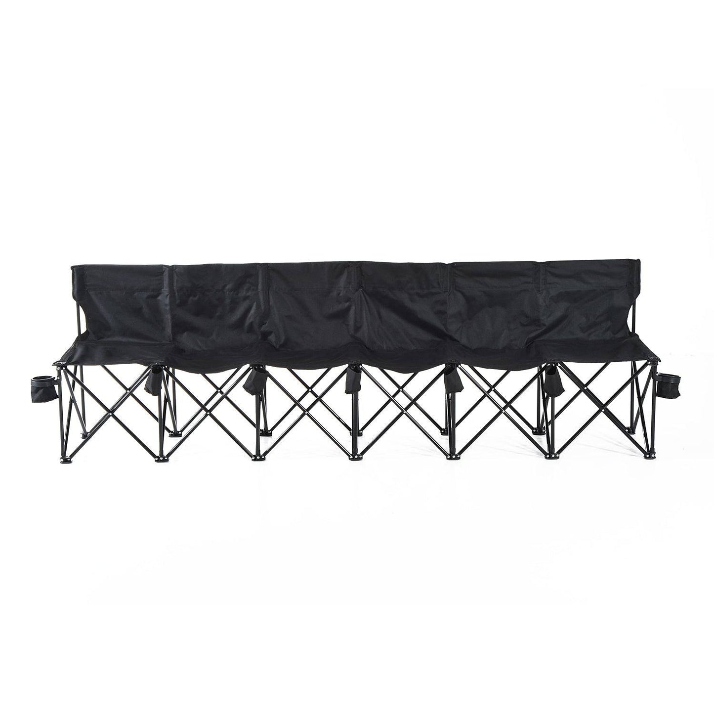 Football 6 Seater Folding Sports Bench Outdoor Picnic Camping Portable Spectator Chair Steel Frame w/ Cup Holder & Carry Bag - Black