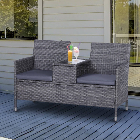 2 Seater PE Rattan Outdoor Garden Bench w/ Centre Table Grey