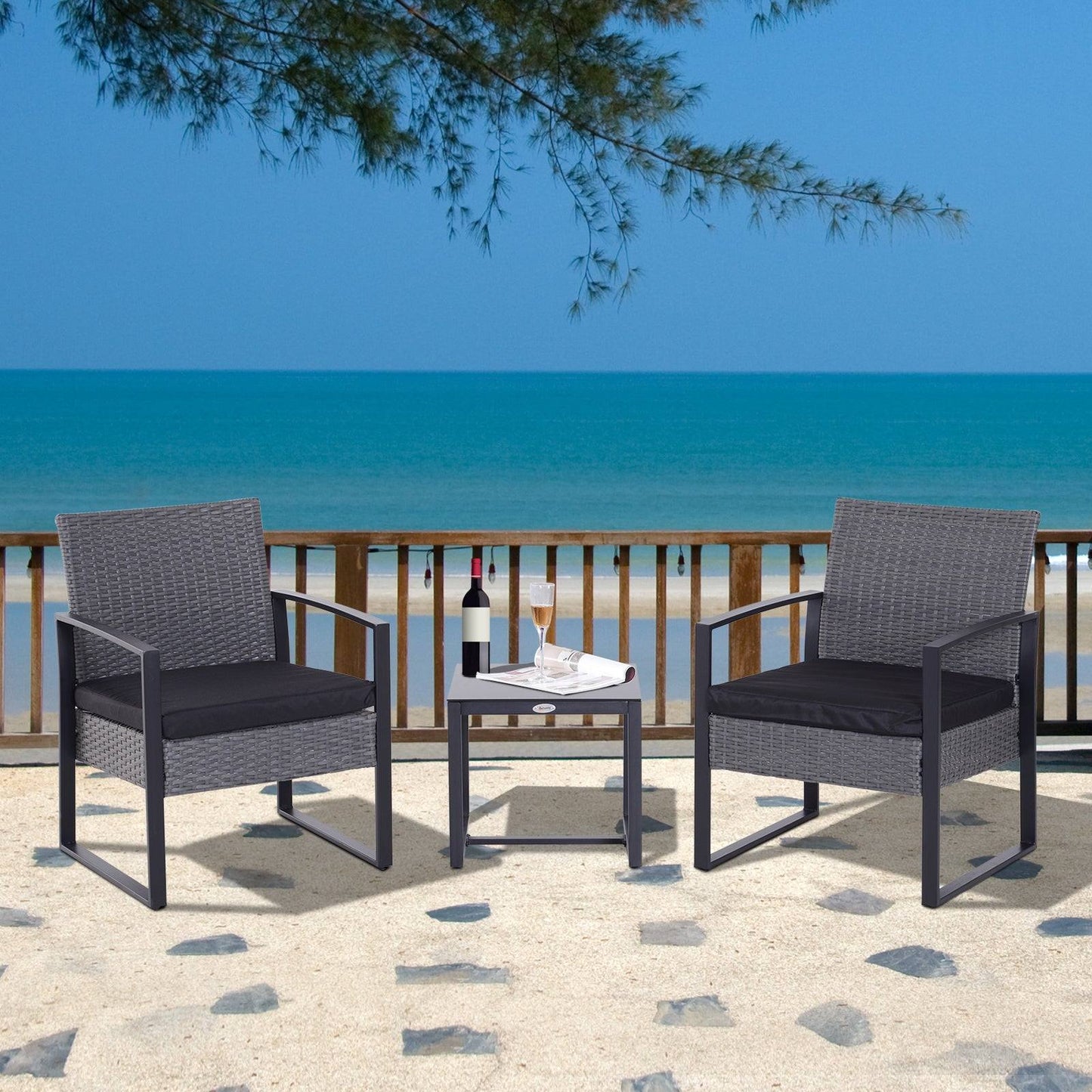 2 Seater Rattan Patio Set W/ Cushions-Grey/Black