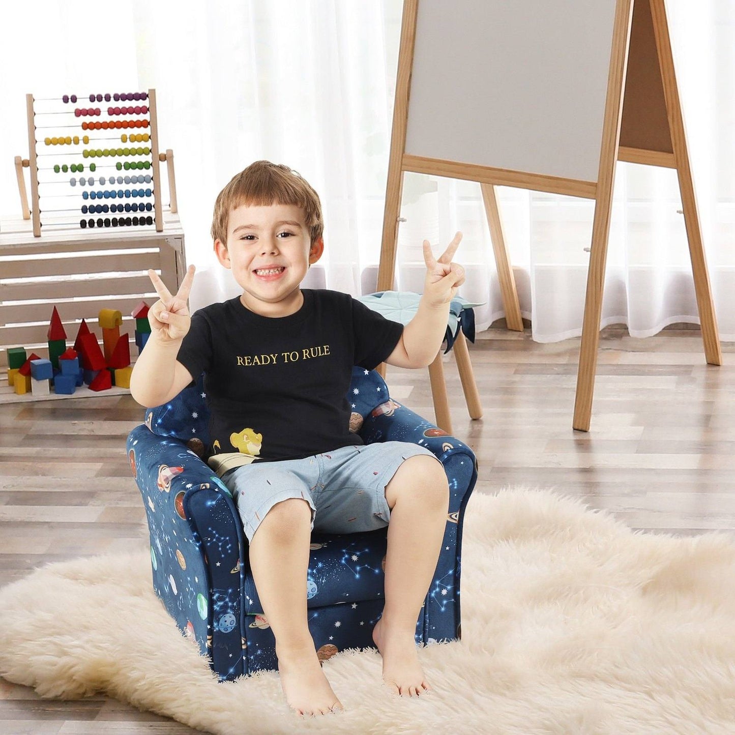 Kids Planet Themed Armchair With Non Slip Feet Wooden Frame Blue