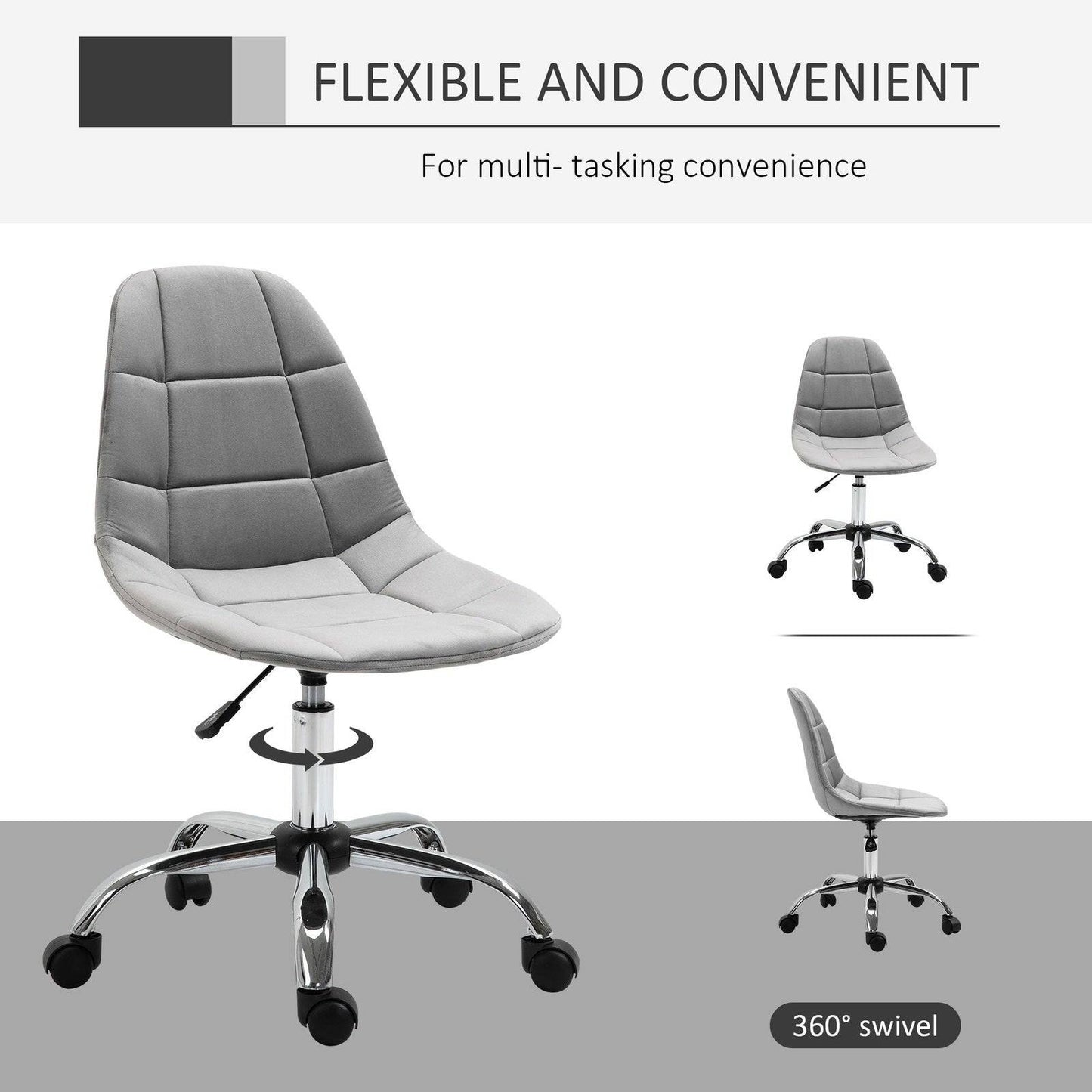 Ergonomic Office Chair Velvet Computer Home Study Chair Armless With Wheels Grey