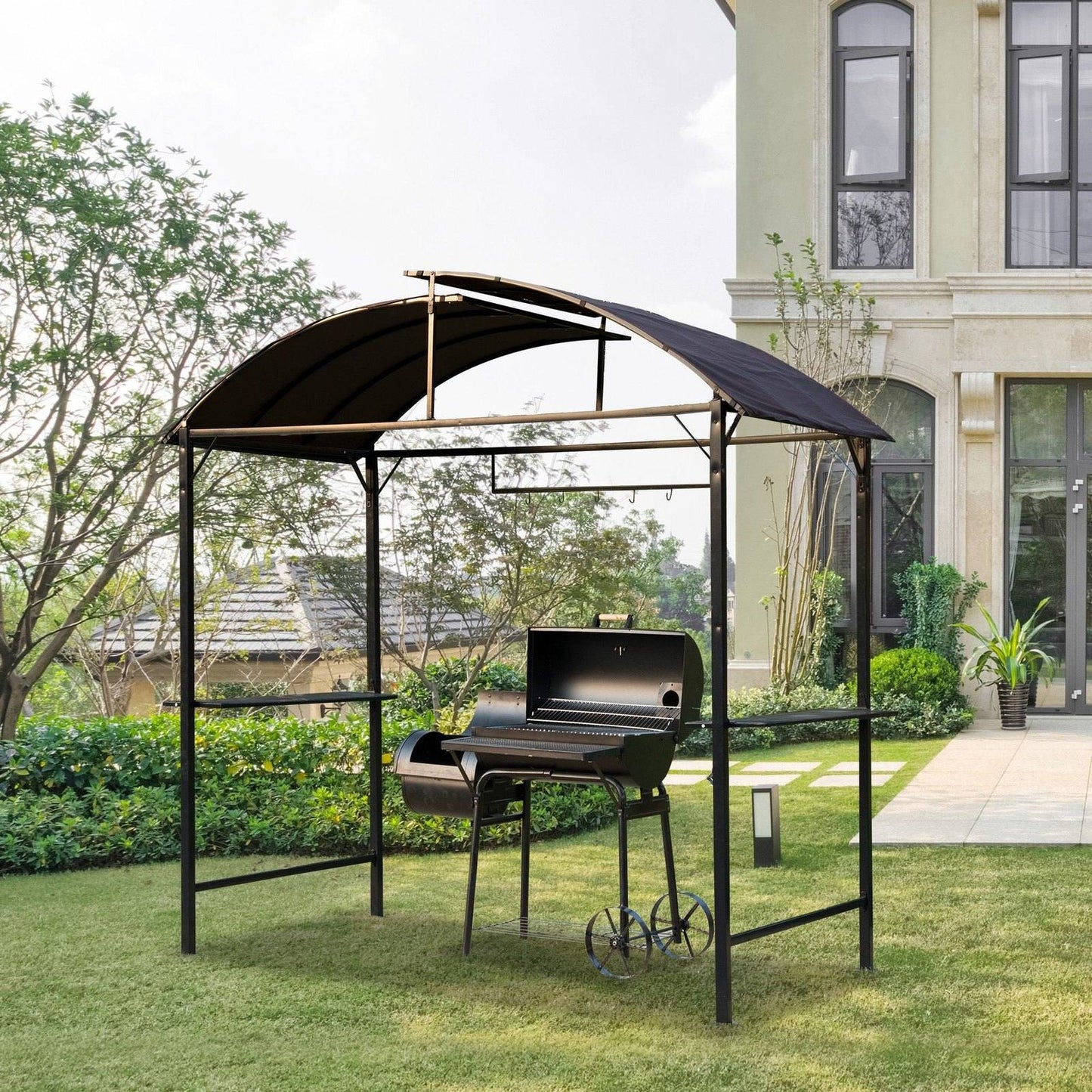 Metal Smoking Gazebo Marquee Garden Patio BBQ Tent Grill Canopy Awning Shelter - Coffee