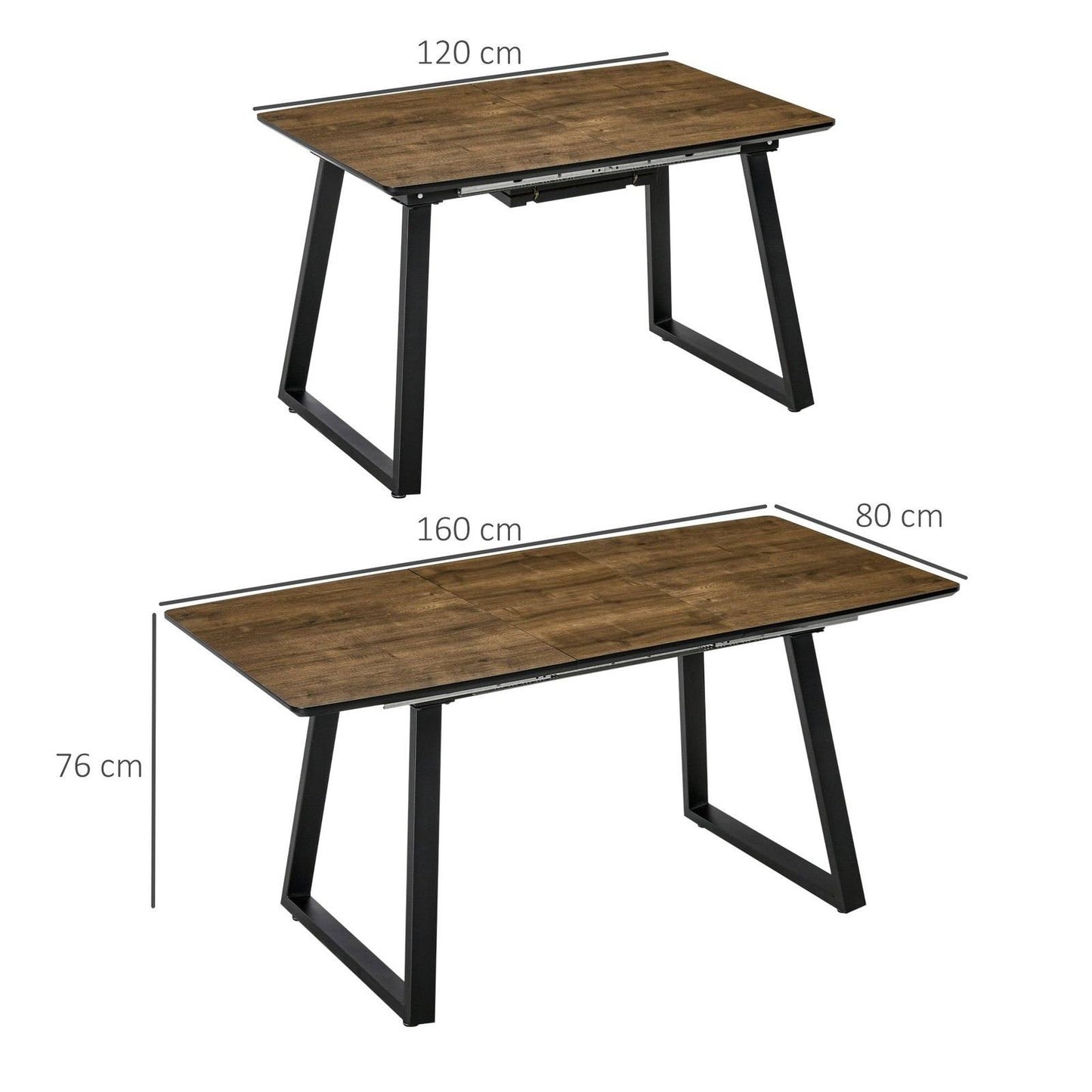 Extendable Dining Table Rectangular Wood Effect Tabletop For 4-6 People With Steel Frame & Hidden Leaves For Kitchen