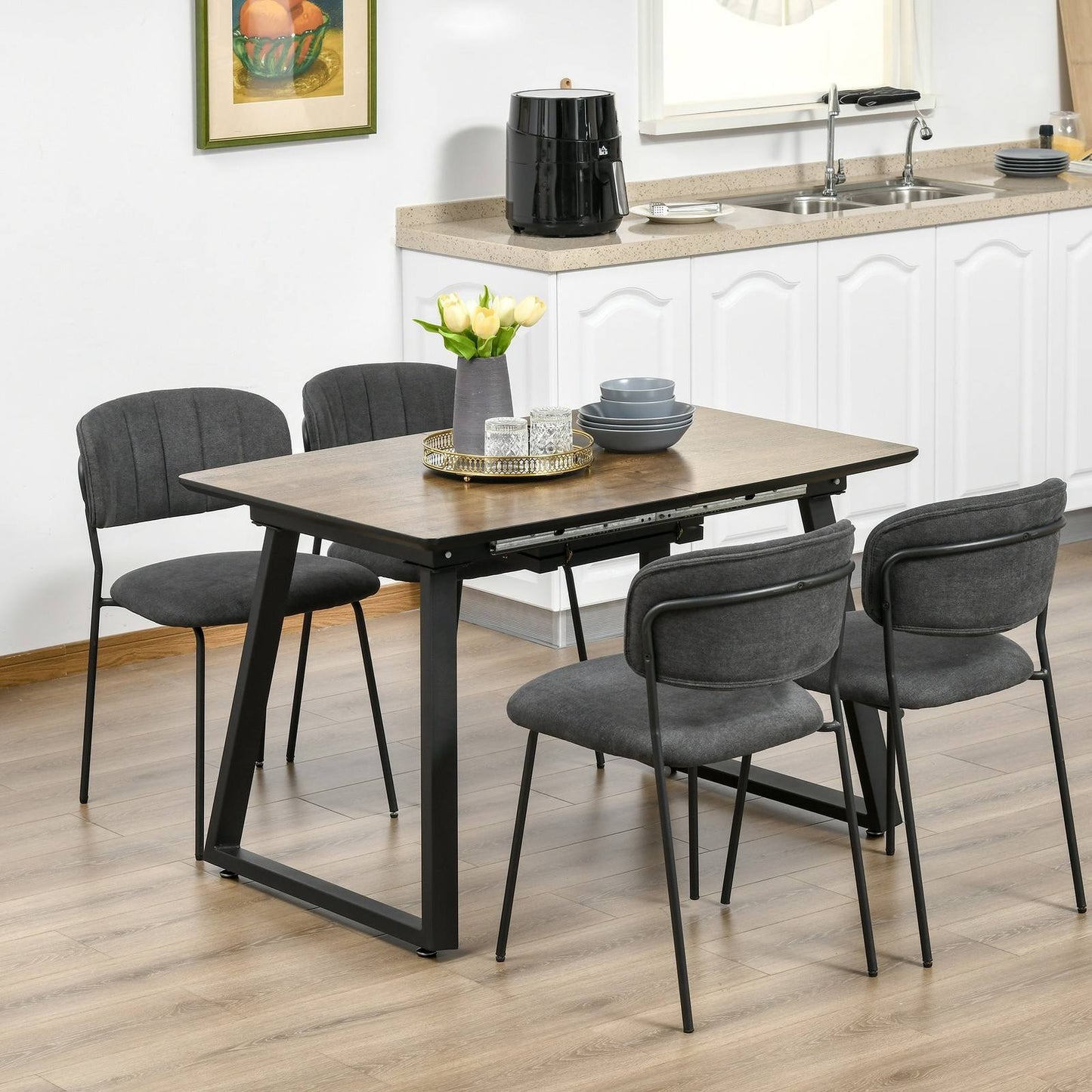 Extendable Dining Table Rectangular Wood Effect Tabletop For 4-6 People With Steel Frame & Hidden Leaves For Kitchen