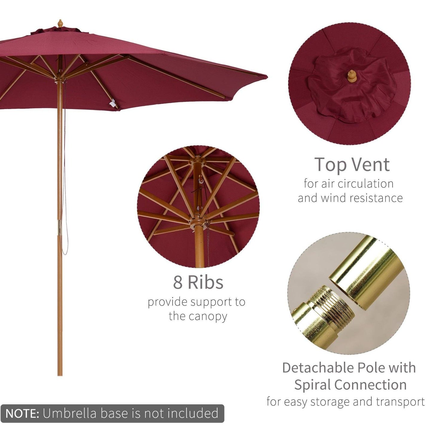 3M Fir Wooden Parasol Garden Umbrellas 8 Ribs Bamboo Sun Shade Patio Outdoor Umbrella Canopy
