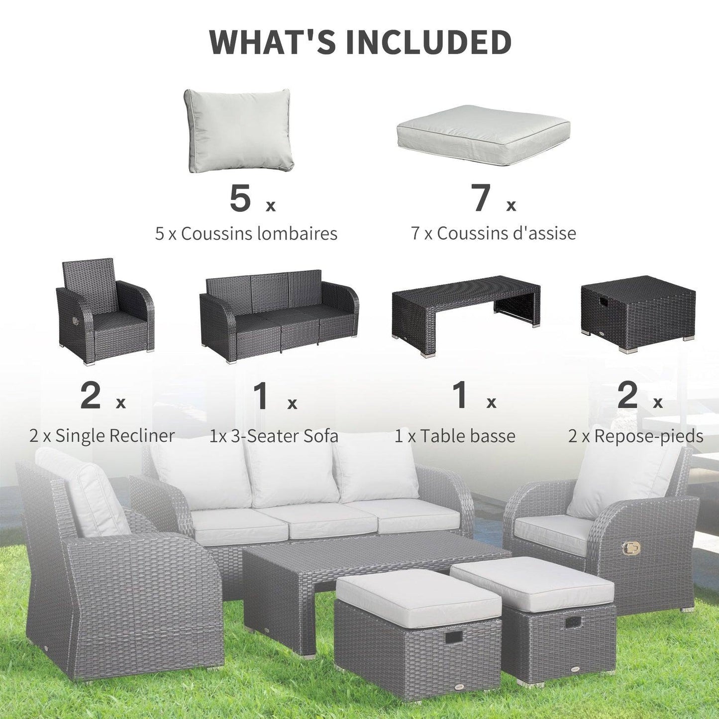 Rattan Garden Furniture 7 Seater Sofa & Coffee Table Footstool Set Outdoor Patio Wicker Weave Reclining Chair Space-saving - Light Grey
