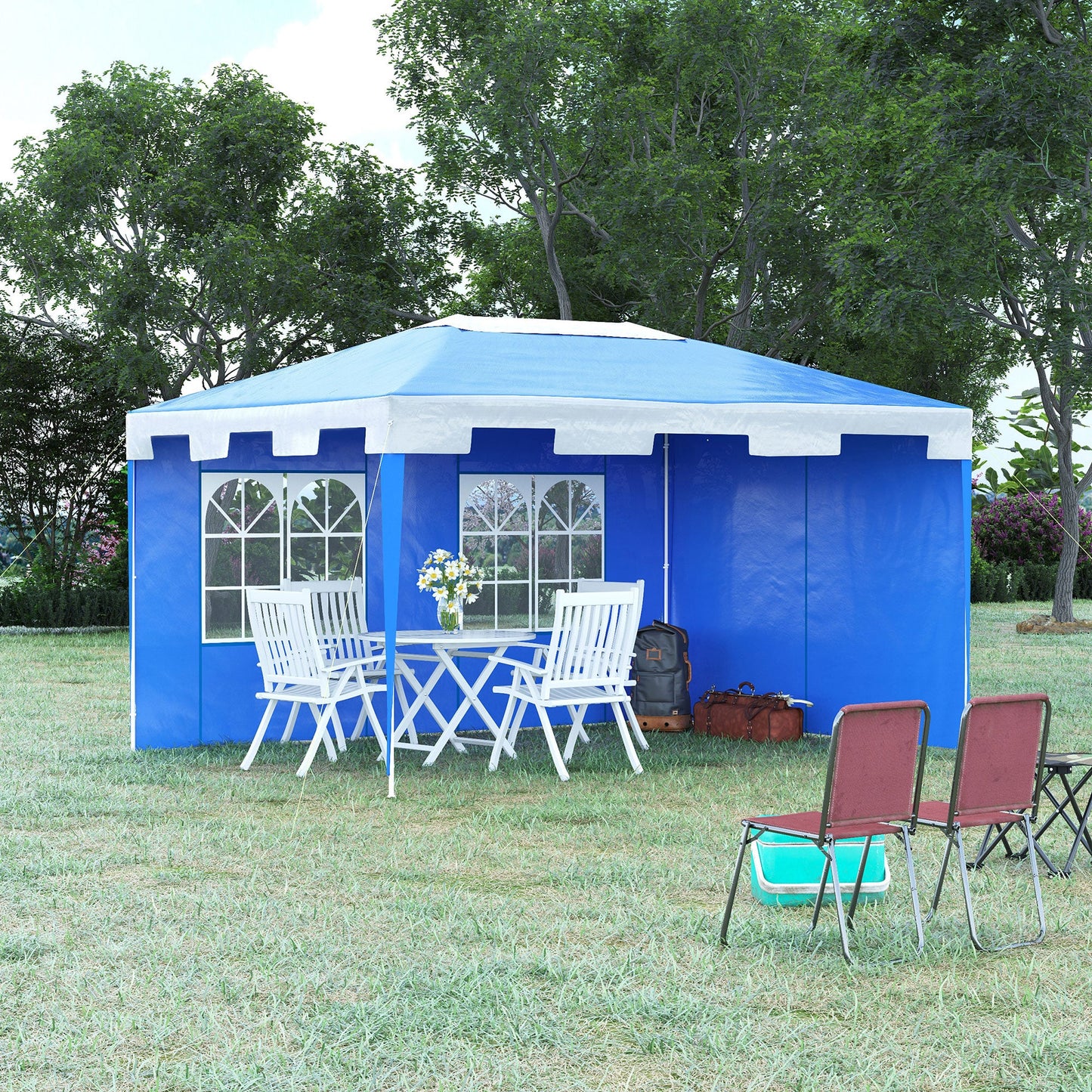 3 x 4 m Garden Gazebo Marquee Party Tent with 2 Sidewalls for Patio Yard Outdoor - Blue