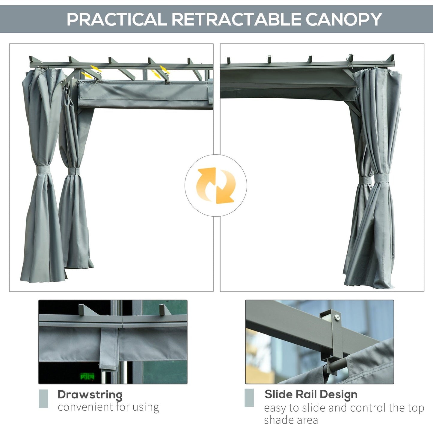 3.6 x 3M Outdoor Pergola with Retractable Roof and Curtains