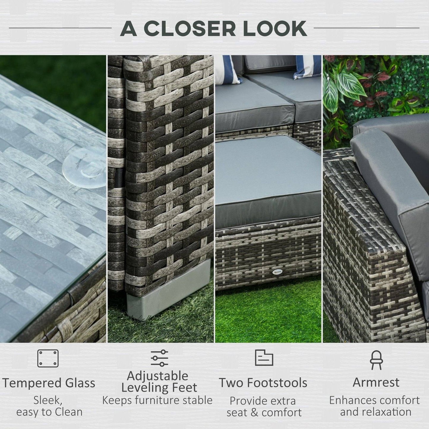 6 PC Rattan Sofa Coffee Table Set Sectional Wicker Weave Furniture for Garden Outdoor Conservatory w/ Pillow Cushion Grey