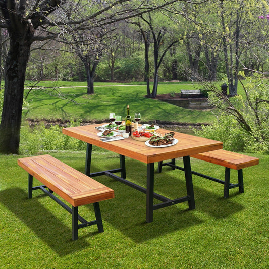Garden 3-Pieces Acacia Wood Picnic Table and 2 Benches Set Dining Trestle Beer Table Patio Outdoor Indoor Furniture