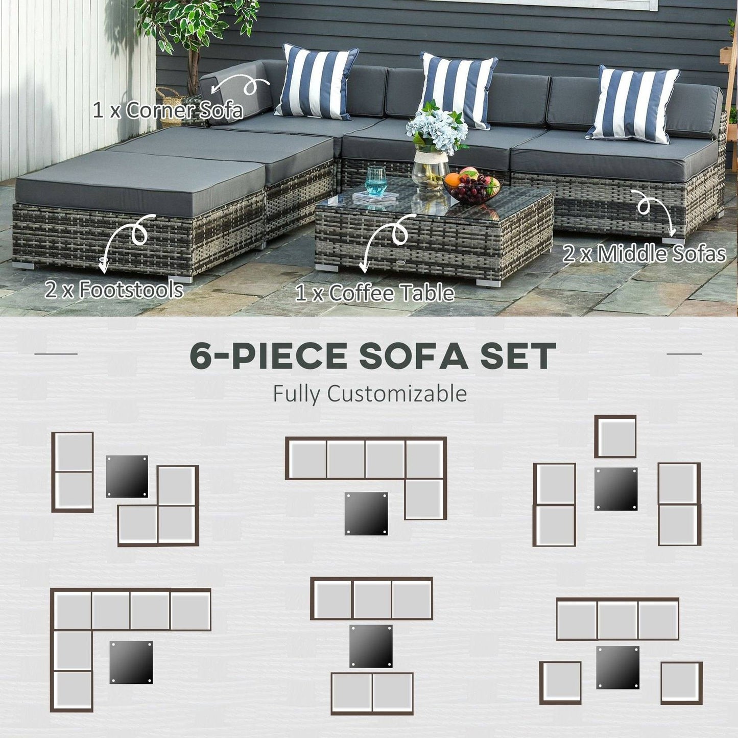 6 PC Rattan Sofa Coffee Table Set Sectional Wicker Weave Furniture for Garden Outdoor Conservatory w/ Pillow Cushion Grey