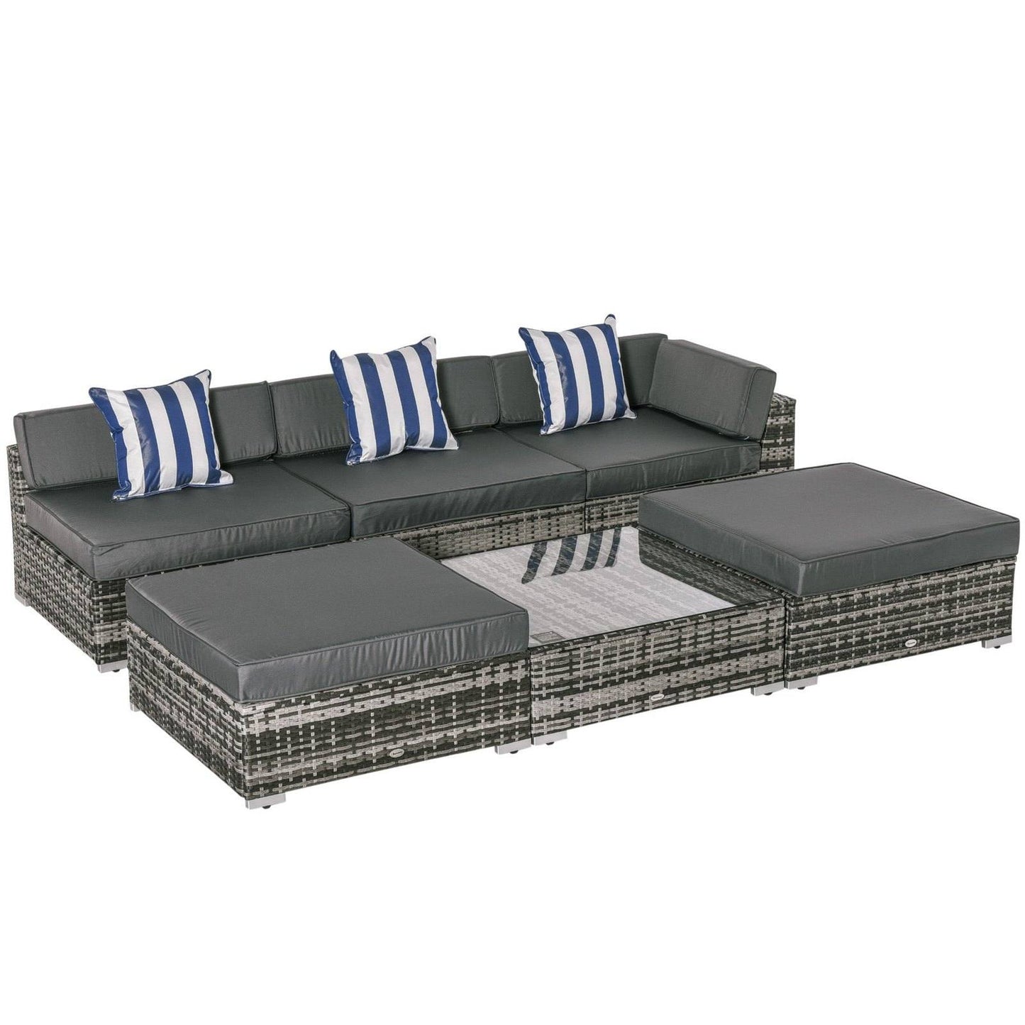 6 PC Rattan Sofa Coffee Table Set Sectional Wicker Weave Furniture for Garden Outdoor Conservatory w/ Pillow Cushion Grey