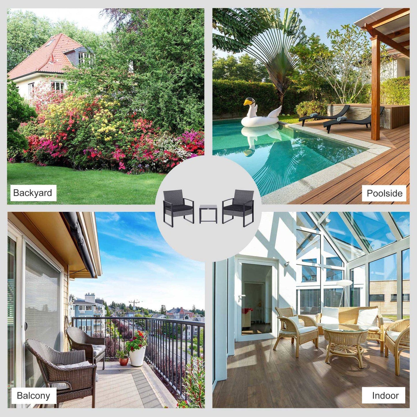 2 Seater Rattan Patio Set W/ Cushions-Grey/Black