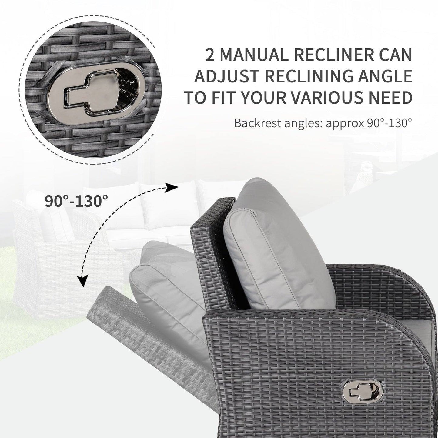 Rattan Garden Furniture 7 Seater Sofa & Coffee Table Footstool Set Outdoor Patio Wicker Weave Reclining Chair Space-saving - Light Grey