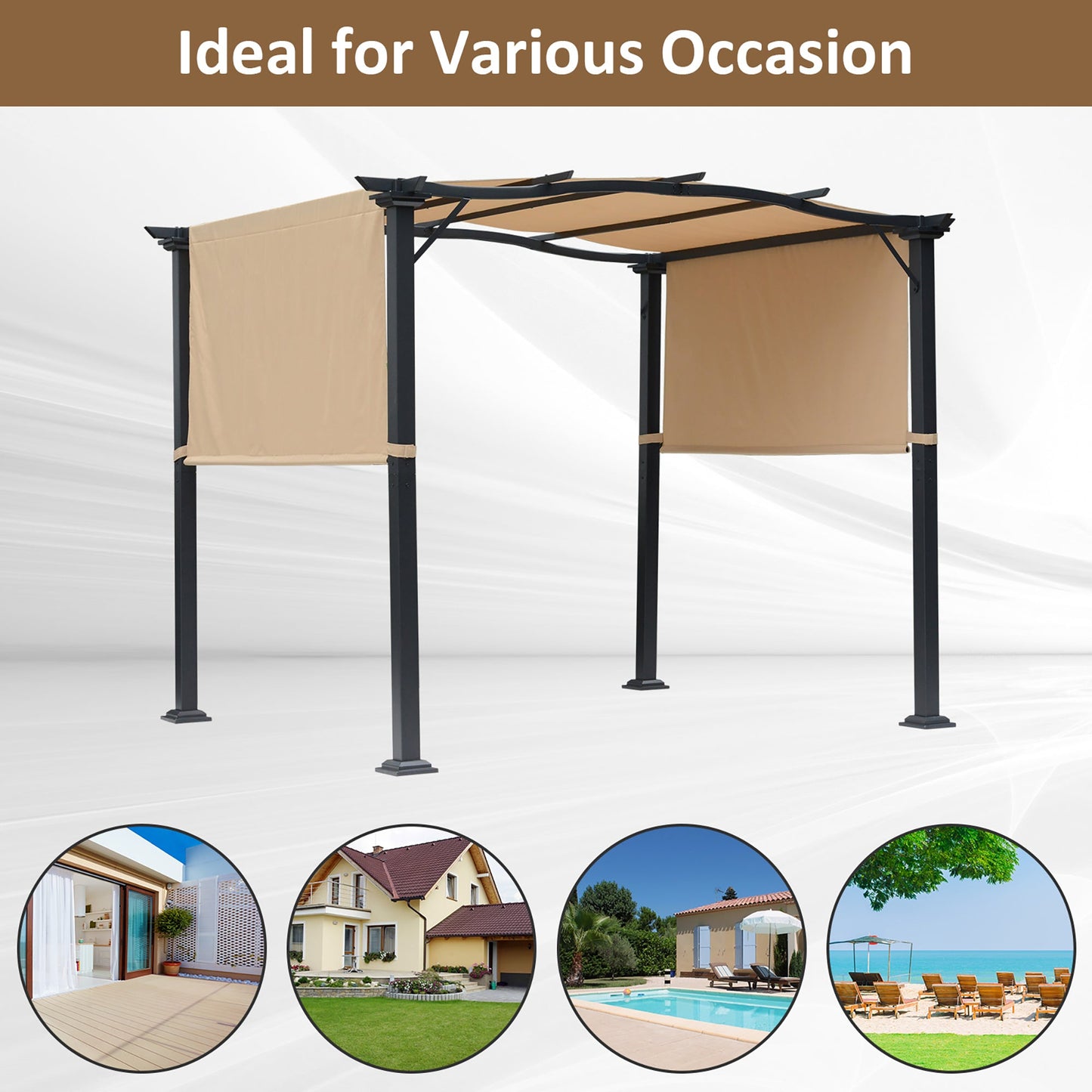 Outdoor Retractable Pergola Garden Gazebo with Two Adjustable Side Canopy Overhead Sun Shade Backyard Canopy Cover