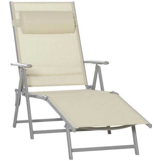 Steel Fabric Sun Lounger Outdoor Texteline Folding Chaise Lounge Chair Recliner with Portable Design & 7 Adjustable Backrest Positions - Beige