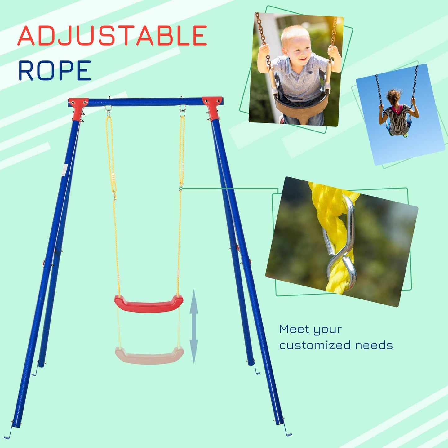 Metal Swing Set With Adjustable Rope Heavy Duty A-Frame Stand Outdoor Playset