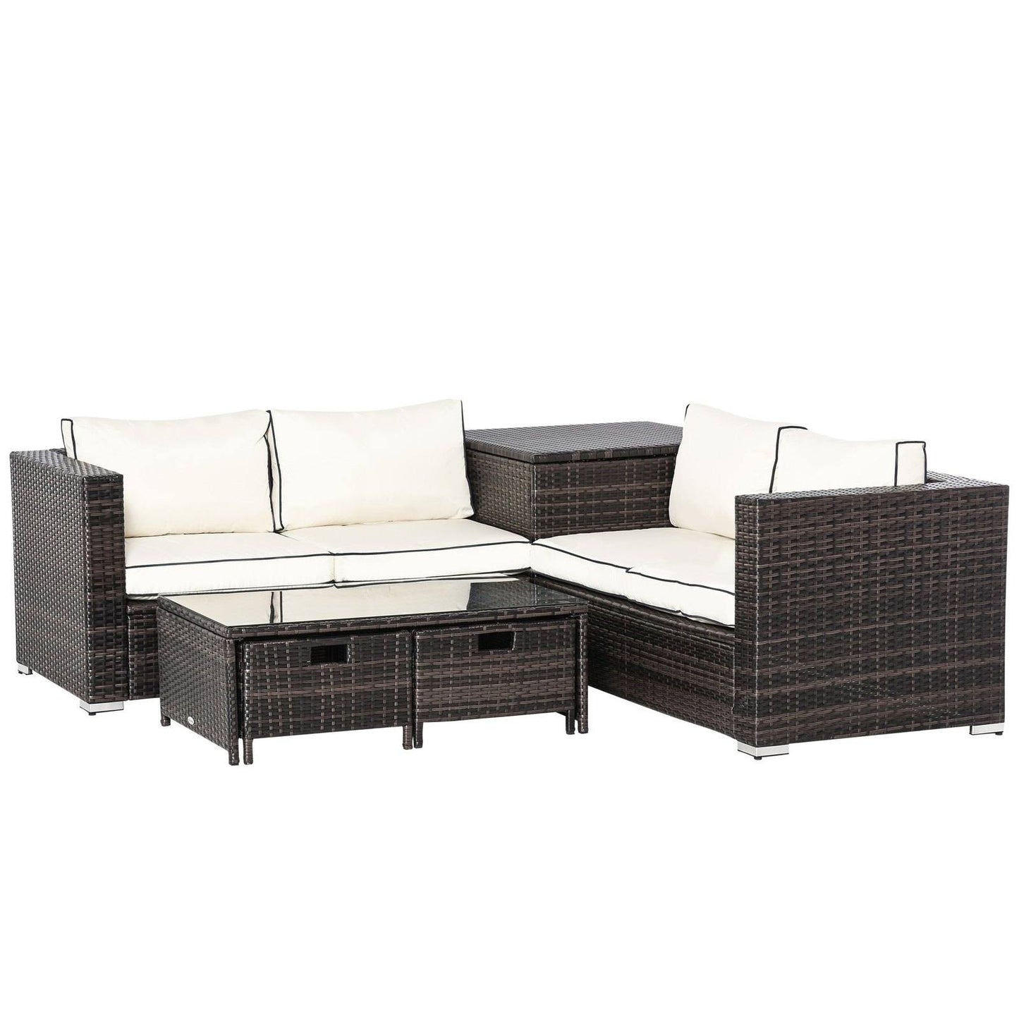4-Piece Rattan Wicker Garden Furniture Patio Sofa Storage & Table Set w/ 2 Drawers Coffee Table
