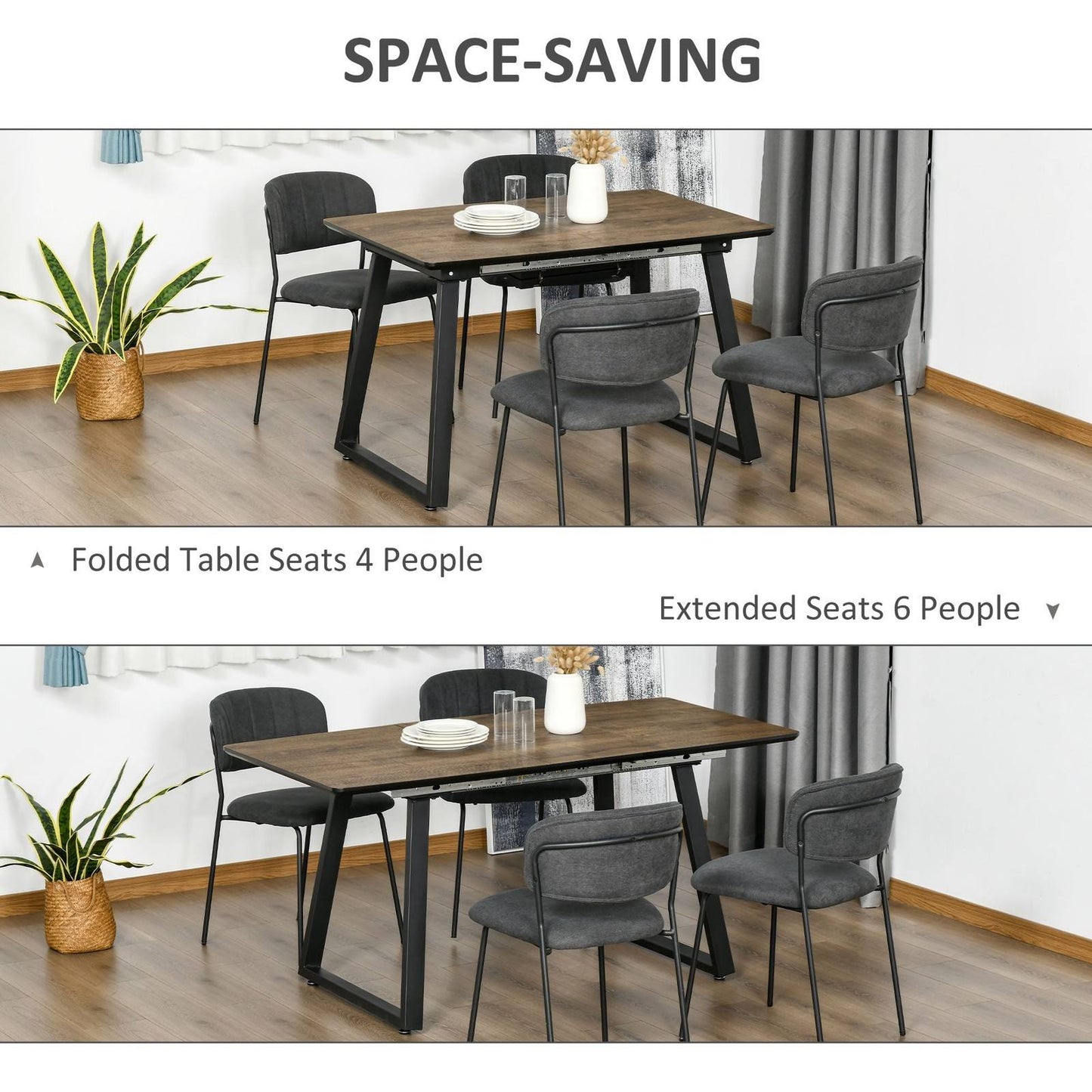 Extendable Dining Table Rectangular Wood Effect Tabletop For 4-6 People With Steel Frame & Hidden Leaves For Kitchen
