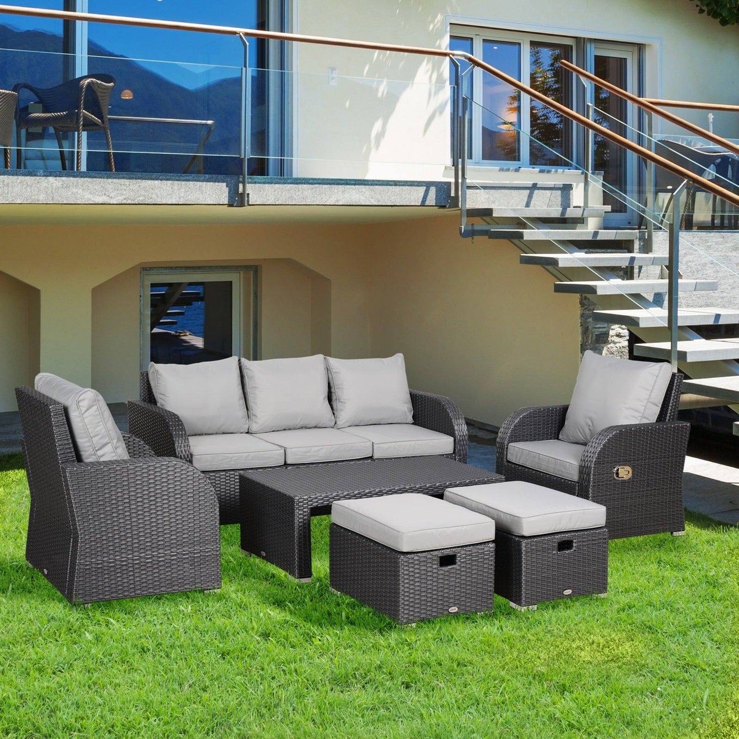 Rattan Garden Furniture 7 Seater Sofa & Coffee Table Footstool Set Outdoor Patio Wicker Weave Reclining Chair Space-saving - Light Grey