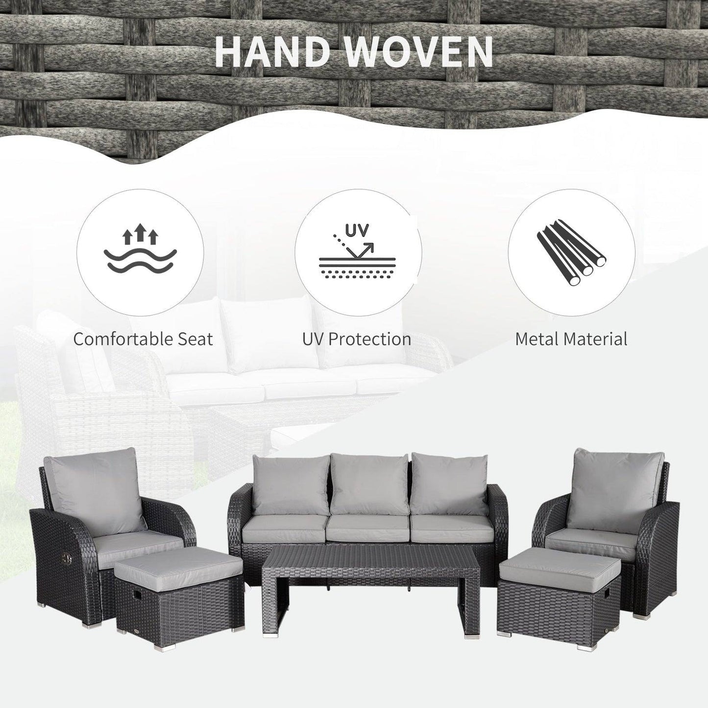 Rattan Garden Furniture 7 Seater Sofa & Coffee Table Footstool Set Outdoor Patio Wicker Weave Reclining Chair Space-saving - Light Grey