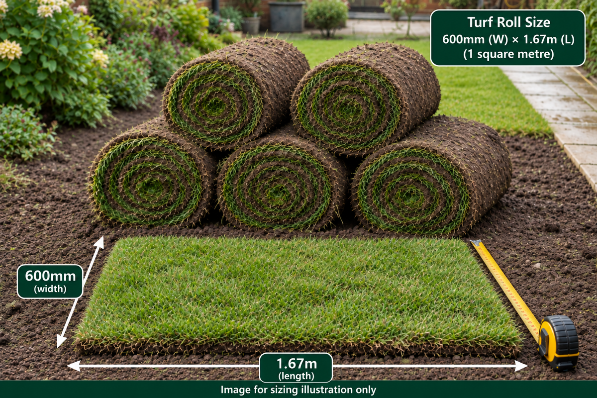 Turf roll dimensions: 600 mm by 1.67 m. Image for sizing illustration only.