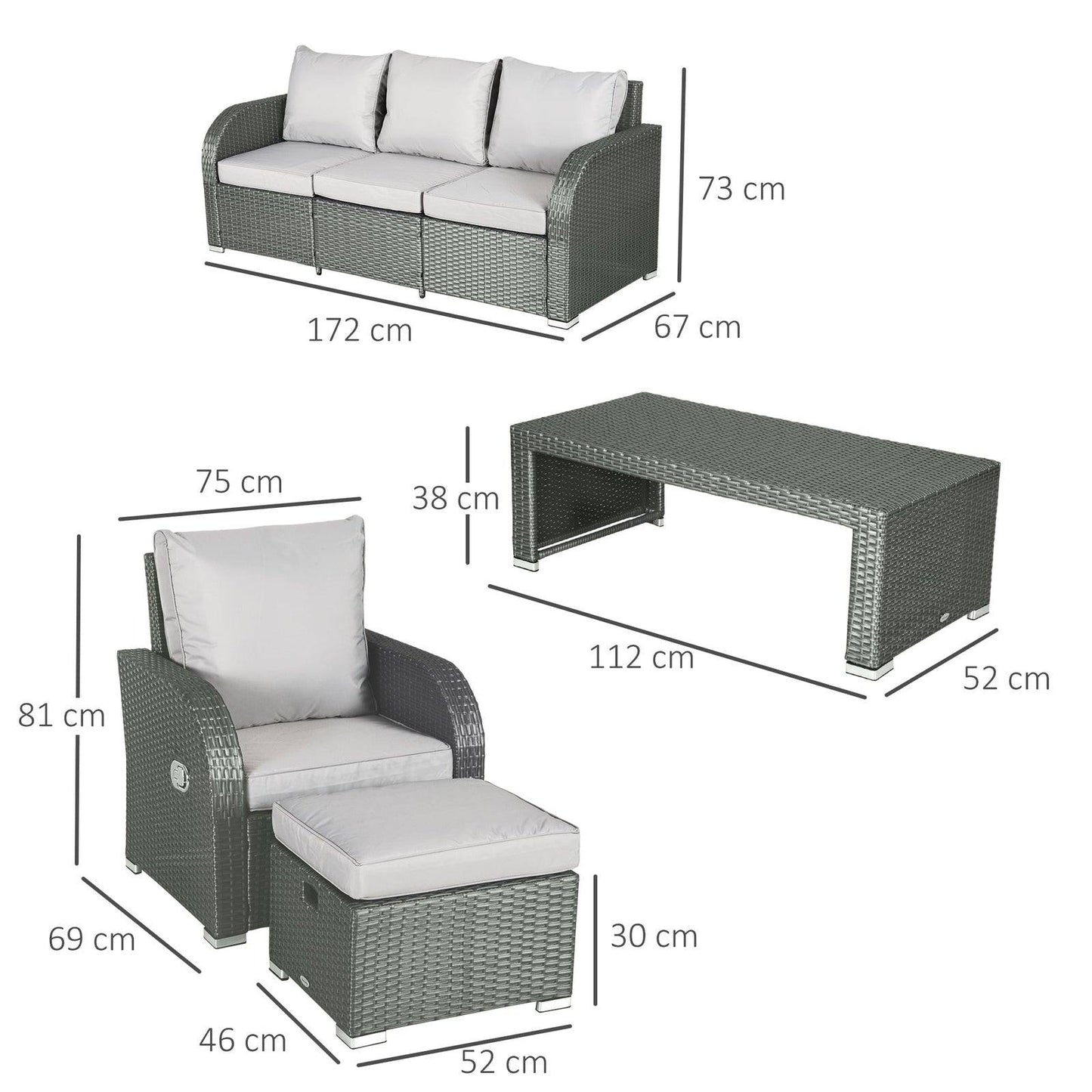 Rattan Garden Furniture 7 Seater Sofa & Coffee Table Footstool Set Outdoor Patio Wicker Weave Reclining Chair Space-saving - Light Grey