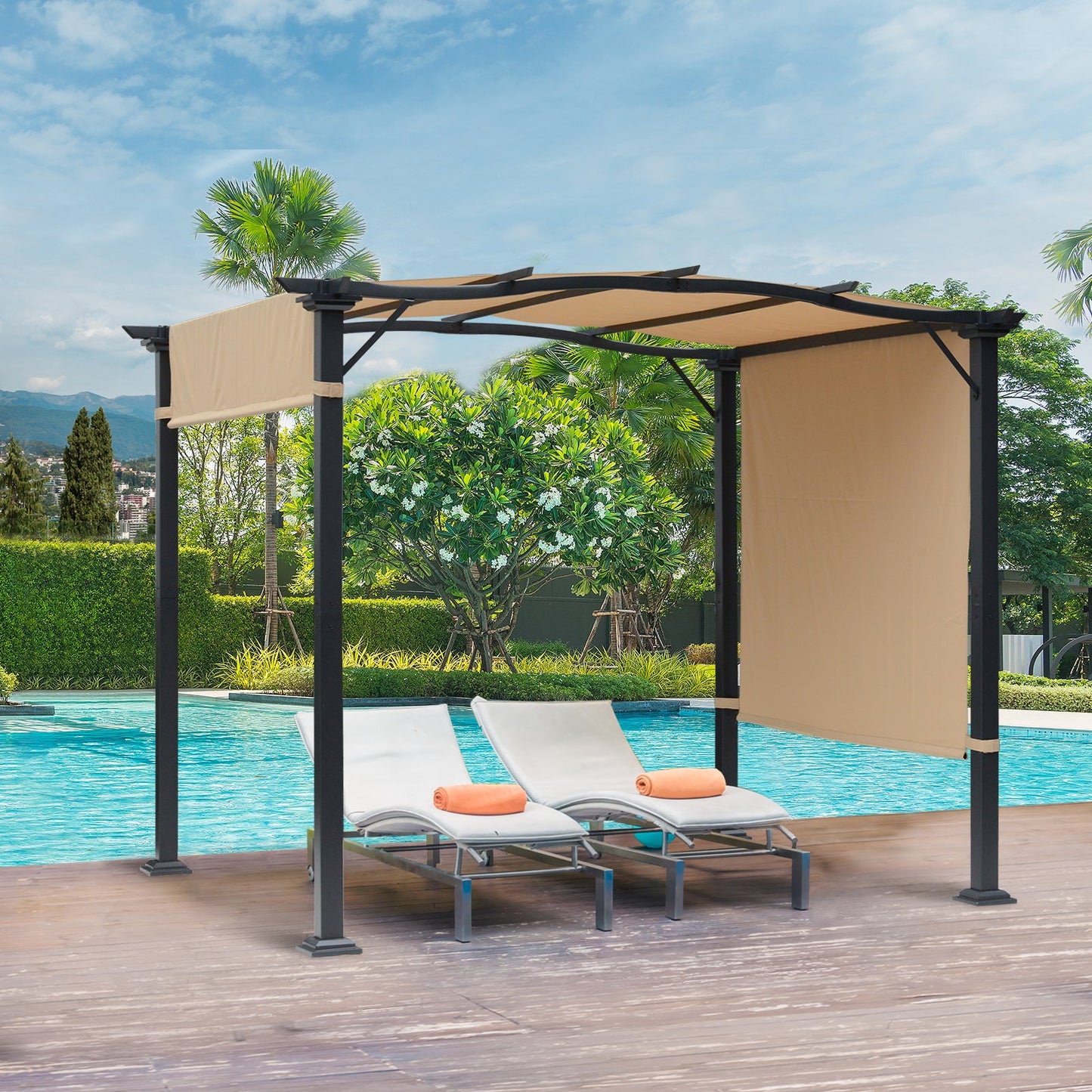 Outdoor Retractable Pergola Garden Gazebo with Two Adjustable Side Canopy Overhead Sun Shade Backyard Canopy Cover