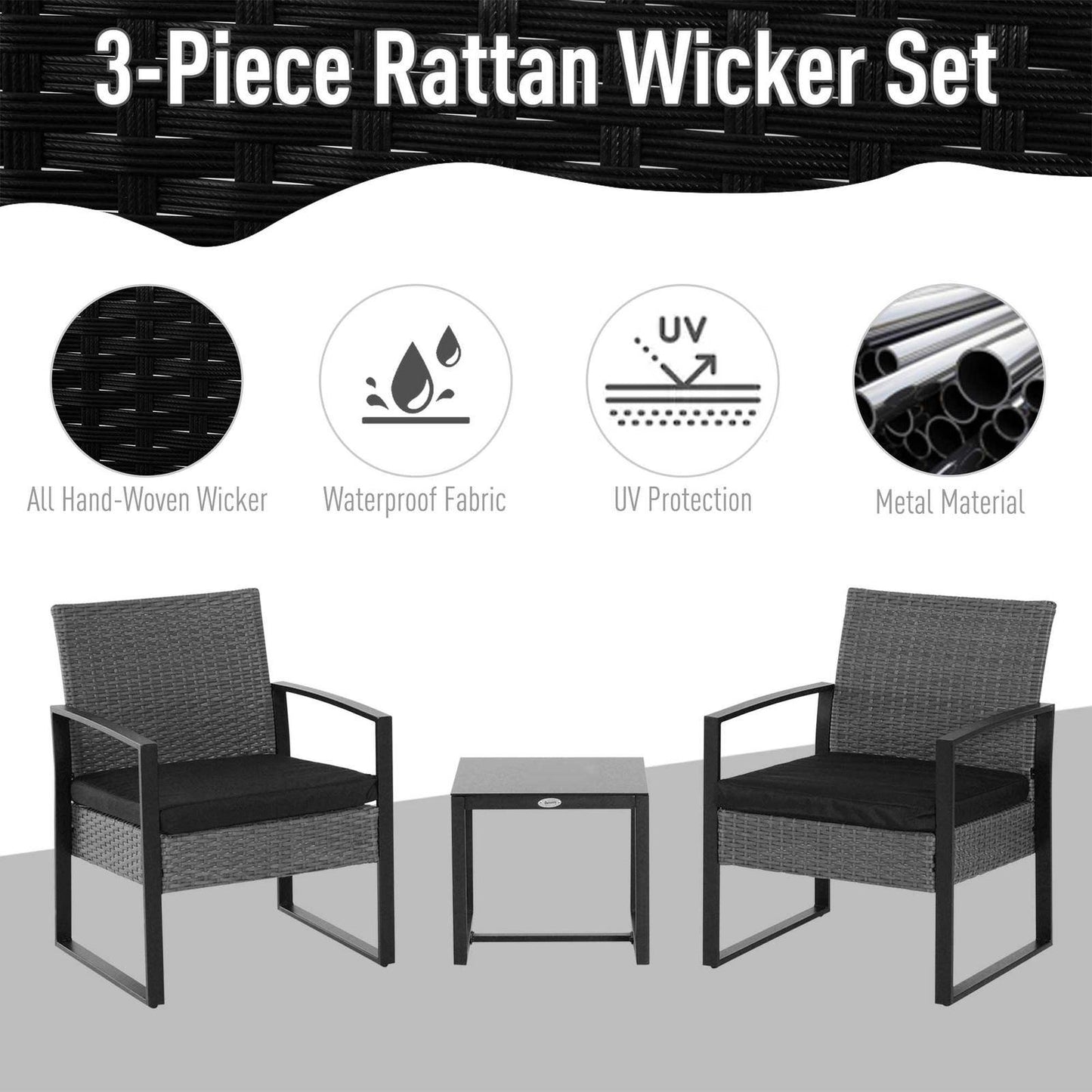 2 Seater Rattan Patio Set W/ Cushions-Grey/Black