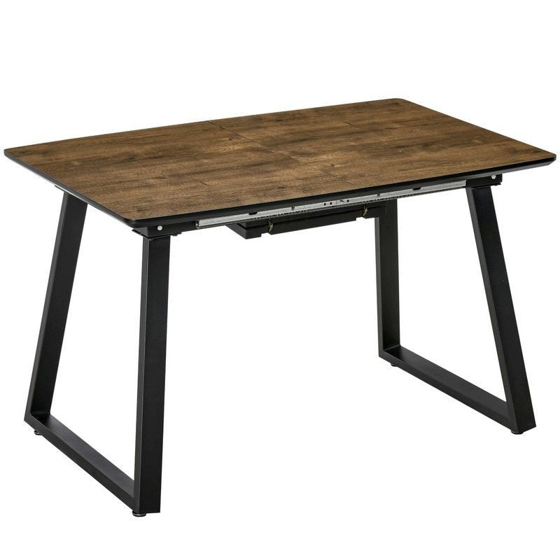 Extendable Dining Table Rectangular Wood Effect Tabletop For 4-6 People With Steel Frame & Hidden Leaves For Kitchen