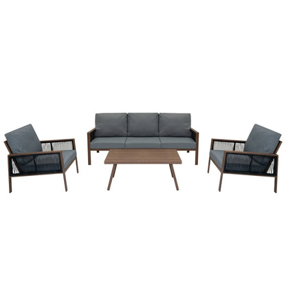Aluminium 4 Piece Sofa Set with Black Rattan Storage Box - Wood Effect