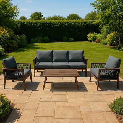 Aluminium 4 Piece Sofa Set with Black Rattan Storage Box - Wood Effect