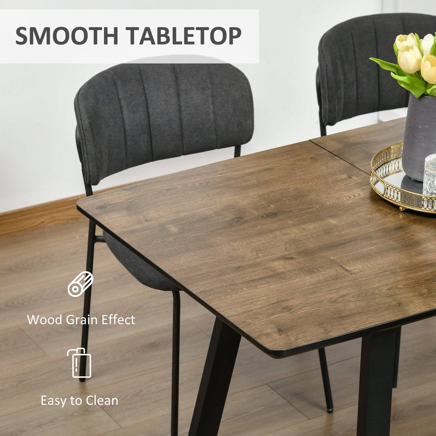 Extendable Dining Table Rectangular Wood Effect Tabletop For 4-6 People With Steel Frame & Hidden Leaves For Kitchen