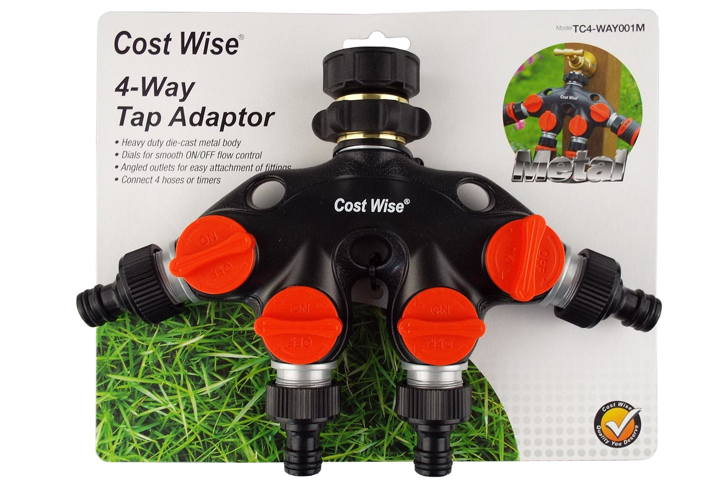 4 Way Tap Connector with Valves Metal