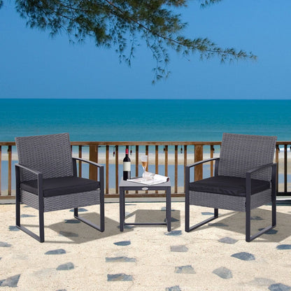 2 Seater Rattan Patio Set W/ Cushions-Grey/Black