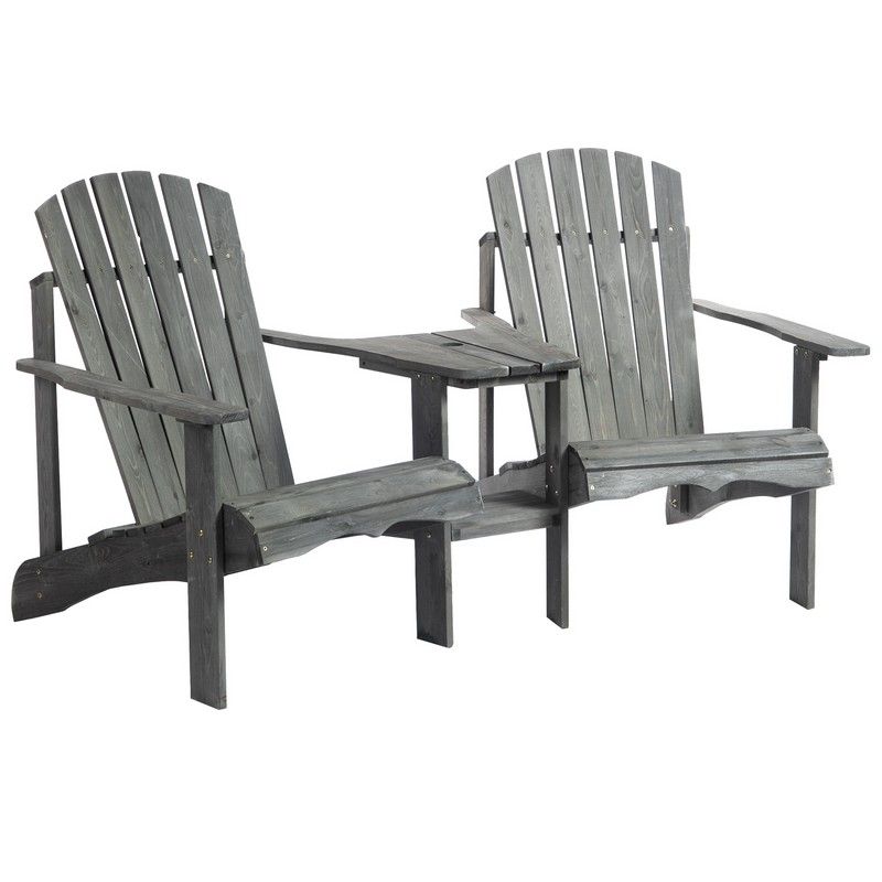 Outsunny Wooden Outdoor Double Adirondack Chairs Loveseat W/ Centre Table And Umbrella Hole