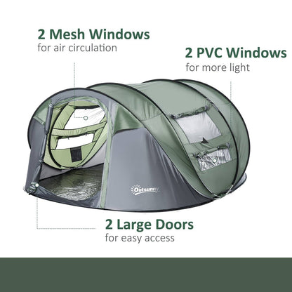 4-5 Person Pop-up Camping Tent Waterproof Family Tent w/ 2 Mesh Windows & PVC Windows Portable Carry Bag for Outdoor Trip Dark Green