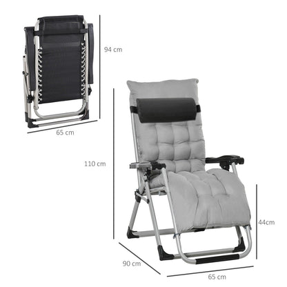 2-Piece Reclining Zero Gravity Chair Metal Frame Folding Garden Sun Lounger with Cushion Headrest Light Grey