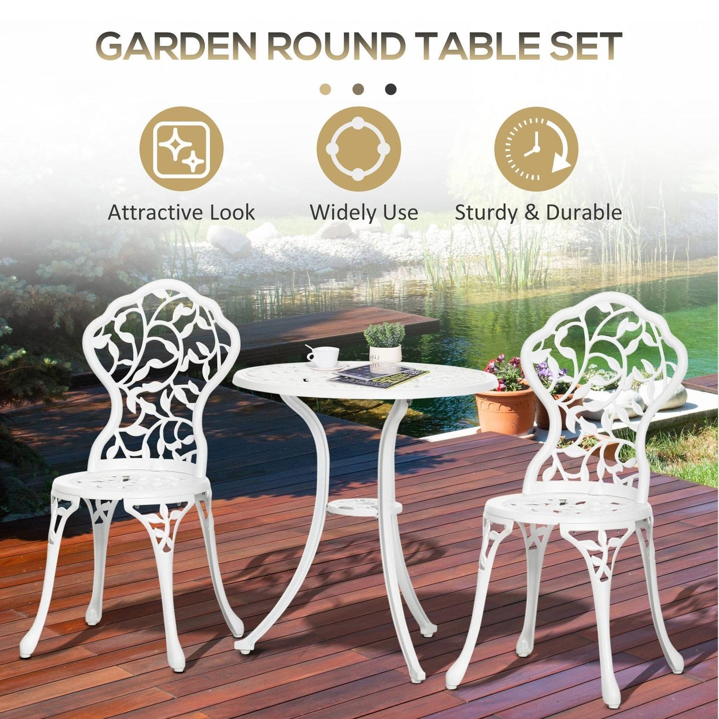 3-Piece Aluminium Bistro Set Garden Furniture Dining Table Chairs Antique Outdoor Seat Patio Seater White