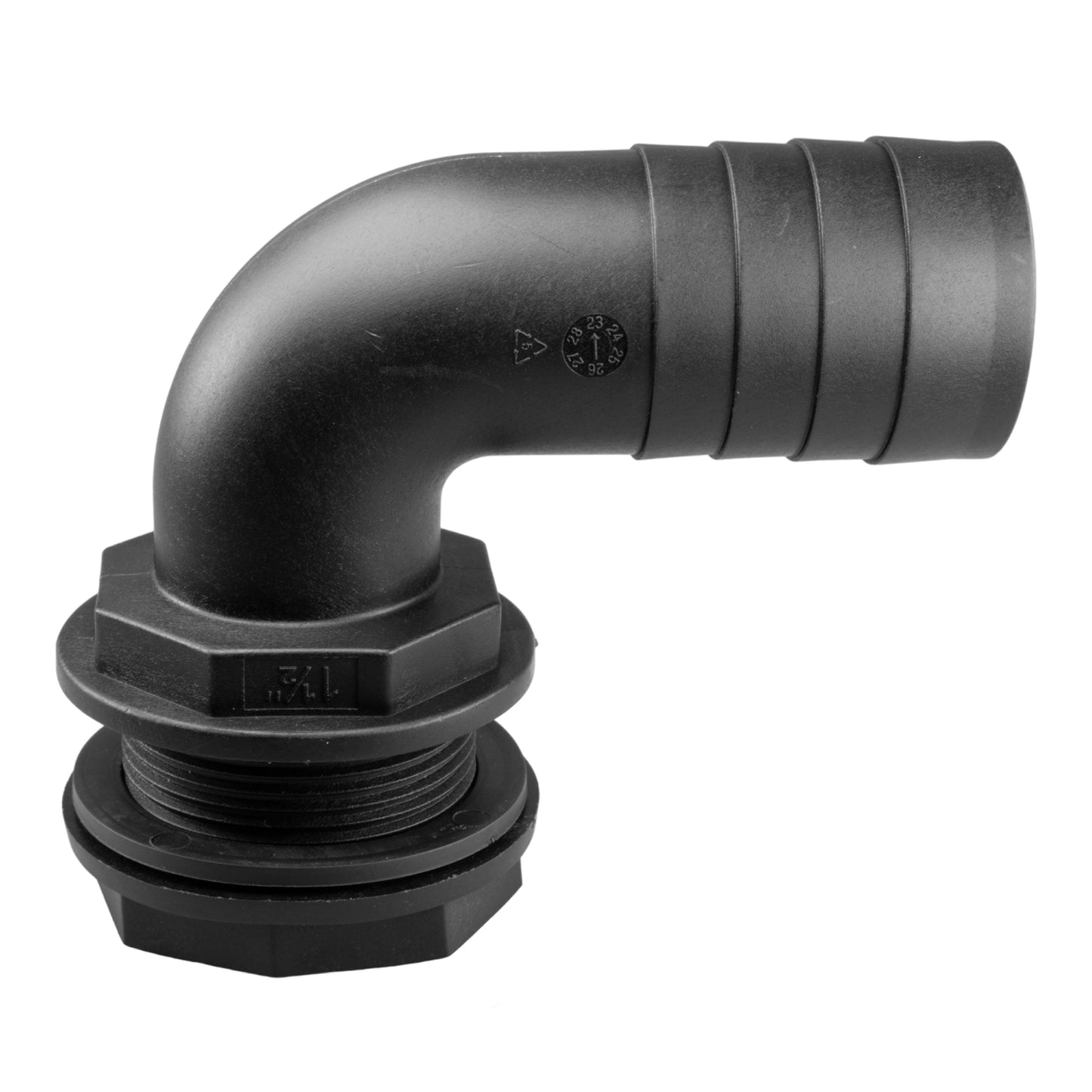 Tank Connector 90 Degree with Washer & Nut 1.25" BSPM - 1.25" Barb