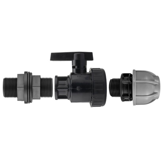 ¾” BSP Water Butt Fitting with Full Flow PP Valve and 20mm MDPE Fitting