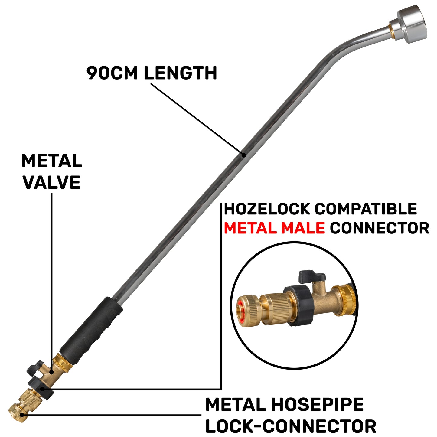 90cm Garden Watering Lance with Brass Valve and Quick Connect Hose Connector
