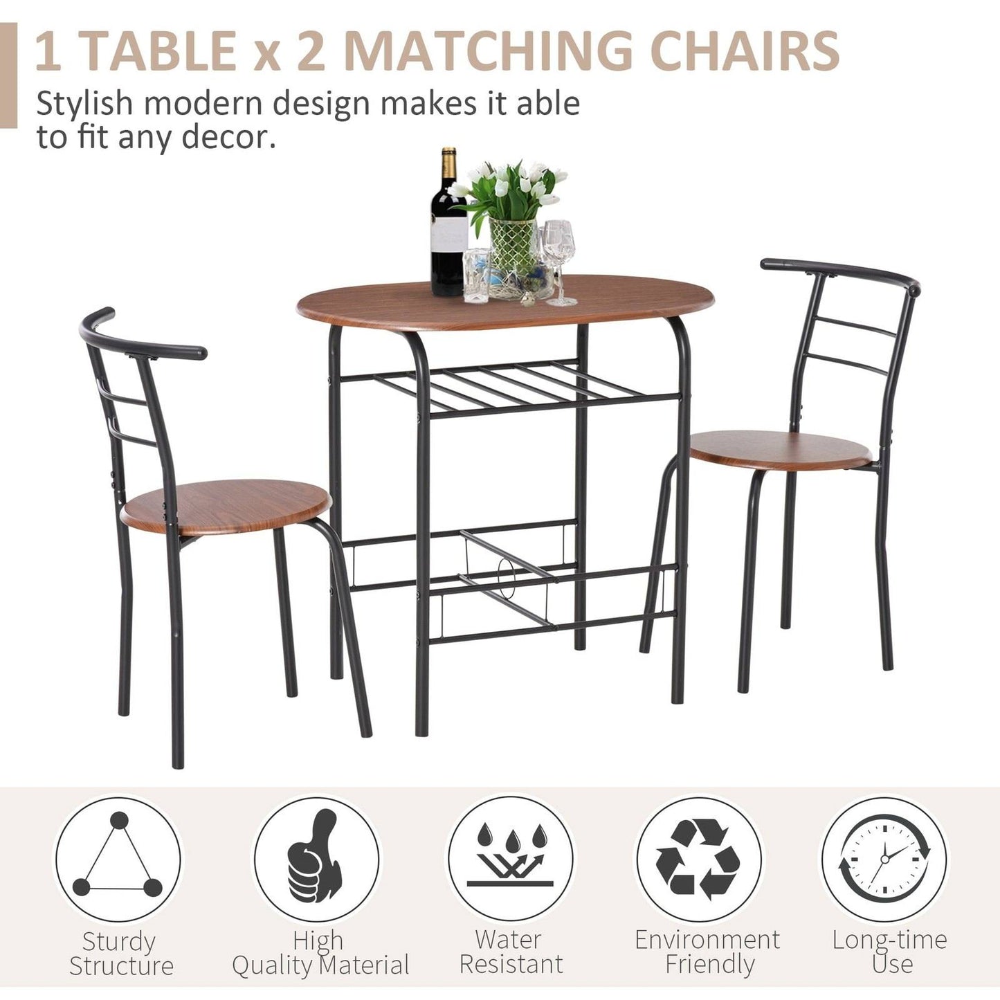 Medium-density fibreboard 2 Seater Bar Stool and Table Set w/ Bottle Storage Shelf Wood Tone