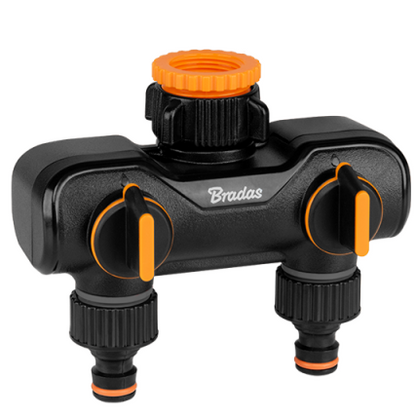 Two Way Tap Splitter with Valves Orange/Black