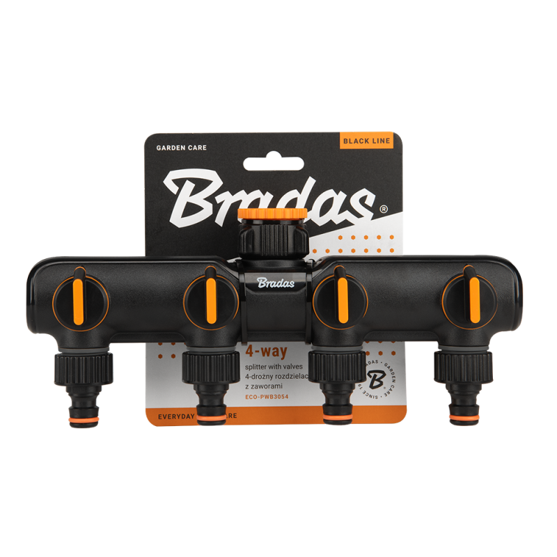 4-Way Tap Splitter Orange/Black with Valves