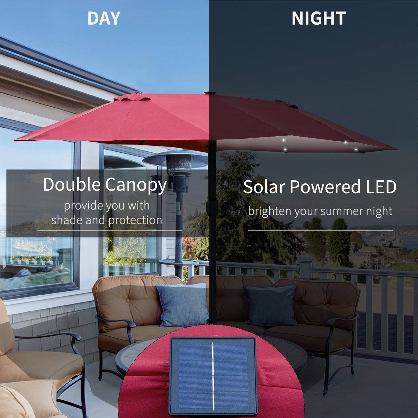 4.4m Double-Sided Sun Umbrella Patio Parasol LED Solar Lights Red