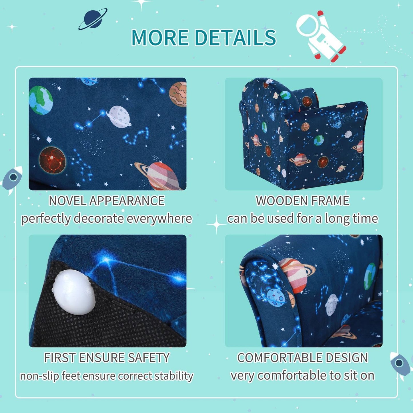 Kids Planet Themed Armchair With Non Slip Feet Wooden Frame Blue